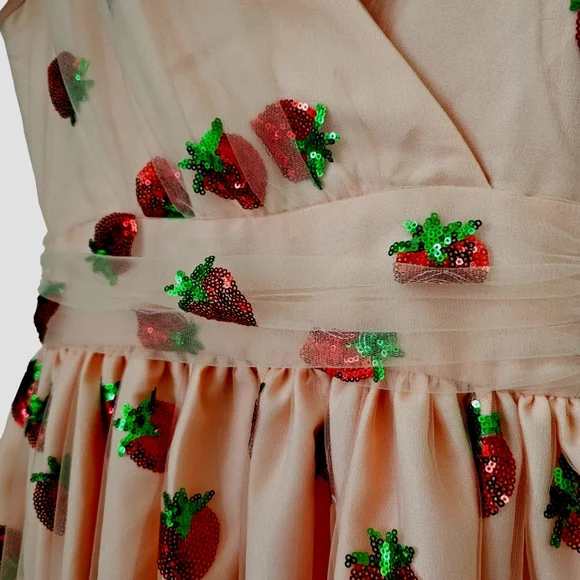 Nwot Magnolia Park Peach w/ Sequined Strawberries Faux Wrap Flutter Sleeve Dress - Picture 9 of 17